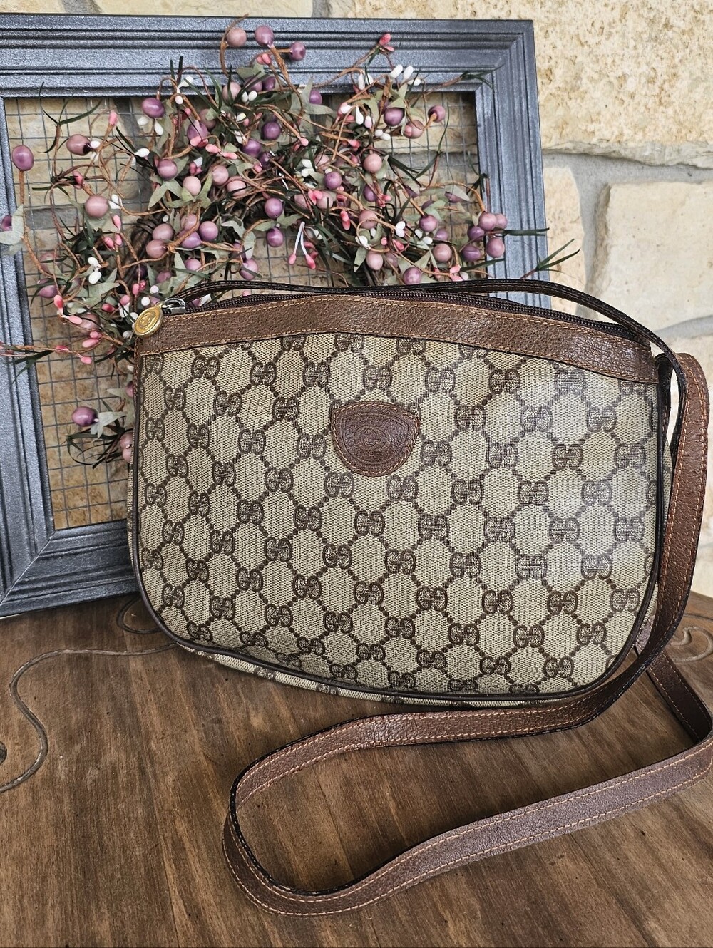 Gucci Beige Brown GG Canvas Crossbody Bag